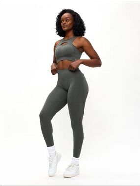 BuffBunny Olive High-Waist Seamless Leggings with Matching Cutout Sports Bra